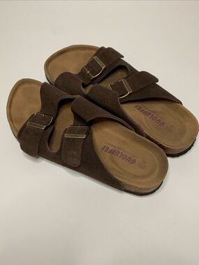 Women’s Brown Suede Double-Buckle Slide Sandals size 9